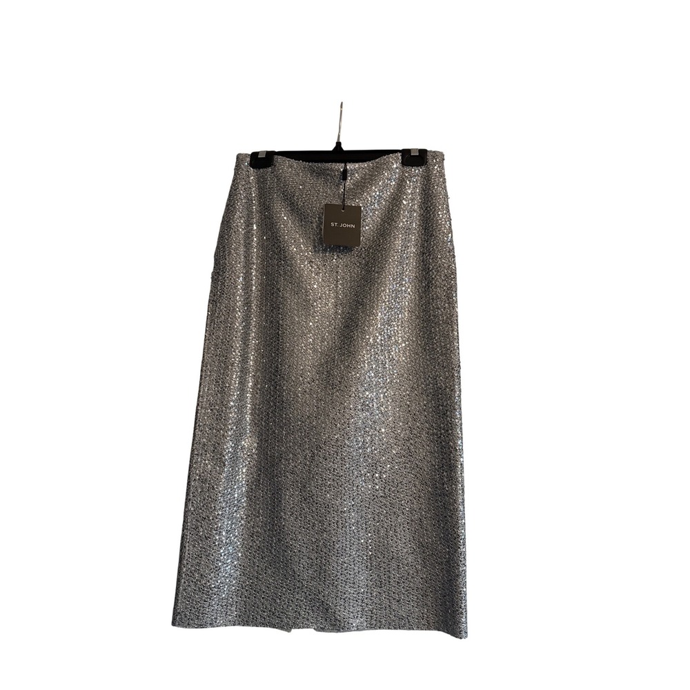 St John Collection Silver Sequin Knit Midi Skirt Size 4 NWT